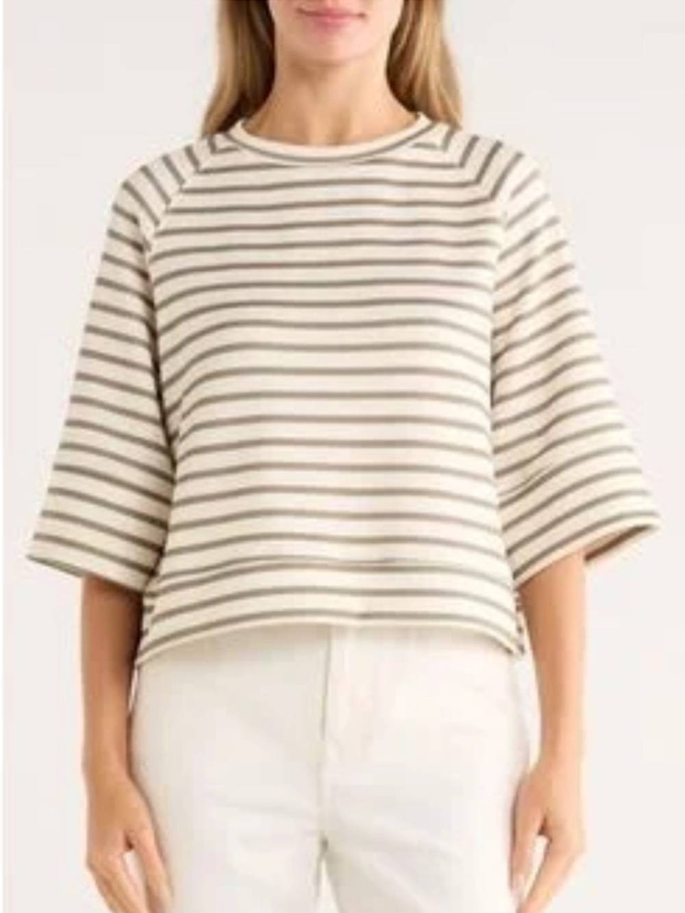 Tahari Ivory Taupe Striped Boxy Top L Loose Fit Short Sleeve Stretch